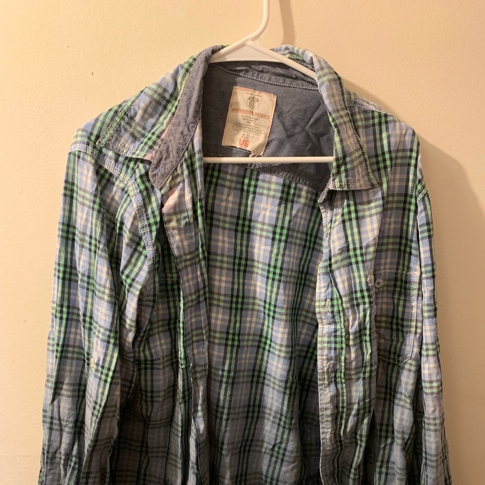 Men’s Plaid Green Blue Button Up Shirt